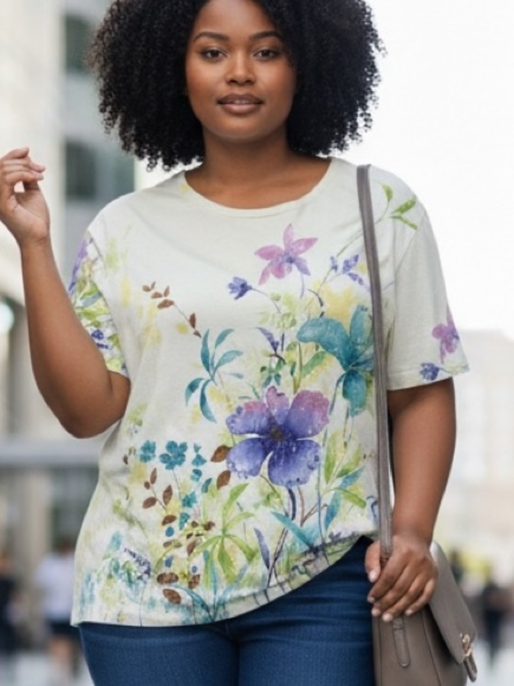 Alfred Dunner Fashion Tee in a Pastel Floral Field with a Little Glitz.